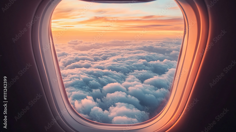 Clouds illuminated by sunset create a breathtaking view from an airplane window while traveling at high altitude Clouds illuminated by sunset create a breathtaking view from an airplane window while traveling at high altitude