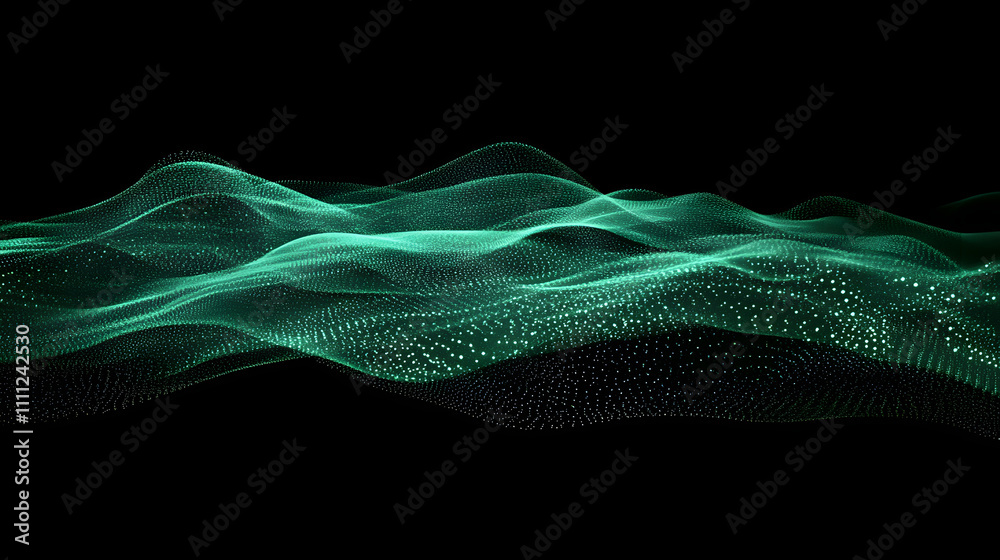 Abstract technology wave of particles. Big data visualization. Dark background with motion green lines. Artificial intelligence. 3d rendering. Abstract technology wave of particles. Big data visualization. Dark background with motion green lines. Artificial intelligence. 3d rendering.