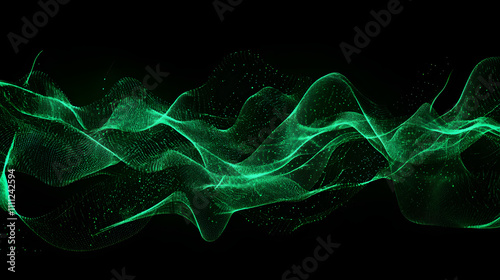 Abstract technology wave of particles. Big data visualization. Dark background with motion green lines. Artificial intelligence. 3d rendering.