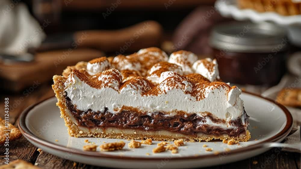 A slice of chocolate cream pie topped with whipped cream and cocoa, served on a plate. A slice of chocolate cream pie topped with whipped cream and cocoa, served on a plate.