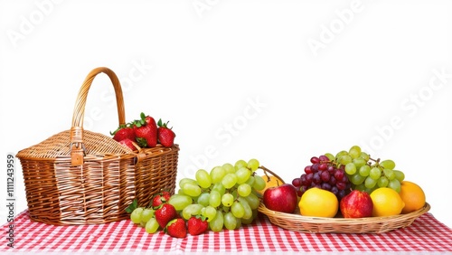 A basket of strawberries, grapes, and lemons on a table