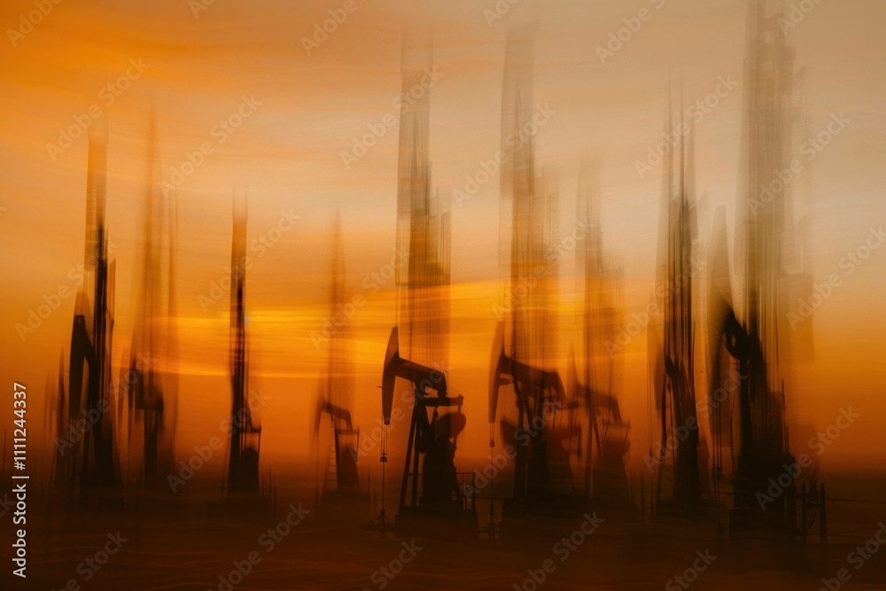 Fototapeta premium Abstract industrial scene featuring blurred oil rigs under a dramatic orange sunset, conveying a sense of energy and movement in oil production.