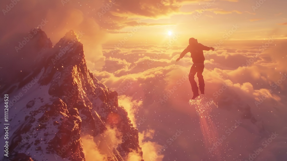 Fototapeta premium A person snowboarding above the clouds at sunset, showcasing adventure and freedom.