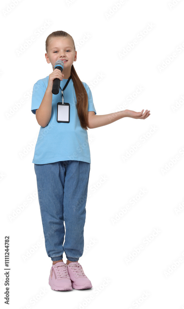 Little girl with microphone pretending to be journalist on white background. Dreaming of future profession Little girl with microphone pretending to be journalist on white background. Dreaming of future profession