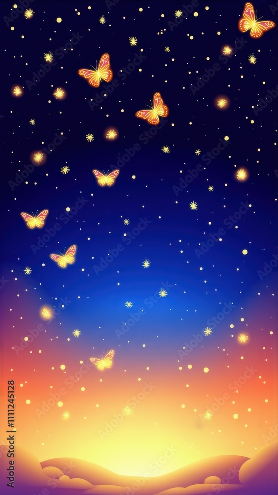 Butterflies flying in the sky at sunset with stars Butterflies flying in the sky at sunset with stars
