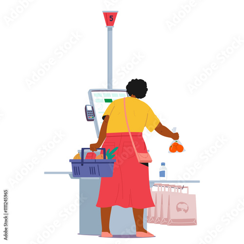 Adult woman housewife customer cartoon character doing shopping at supermarket self-service kiosk