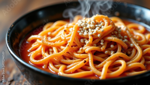 A bowl of steaming red Buldak Ramen with sesame seeds on top. photo