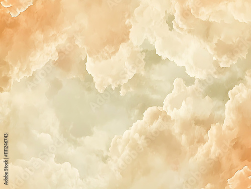 Clouds background in soft, warm, pastel and neutral colors, aesthetic minimalism wallpaper for social media content, view of sky above clouds, serene, calming backdrop, tranquility and simplicity