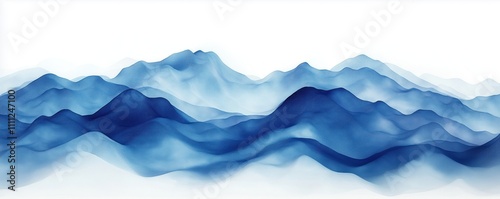 Blue mountain range illustration. Abstract art style. Soft gradient of blue. No people objects. Ideal background image for tech presentation modern decor. Simple, stylish look. Beautiful nature.