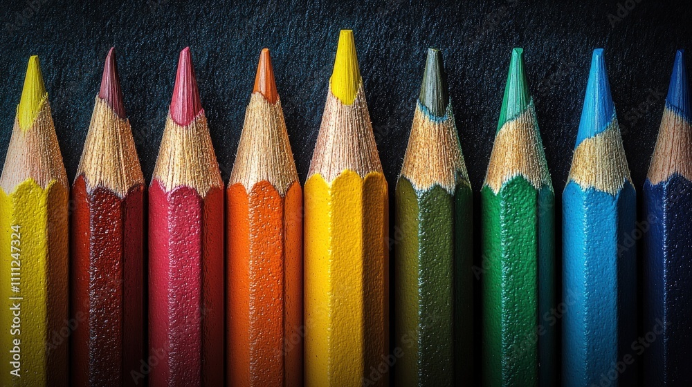 Colorful pencils arranged in a row on dark background. (1) Colorful pencils arranged in a row on dark background. (1)