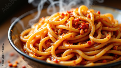 Close-up of a bowl of spicy Buldak Ramen noodles with steam rising from them.