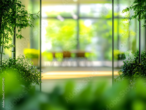 Concept of a green office space, captured with a blurred effect to highlight the serene and peaceful environment cultivated by integrating nature into workspace design