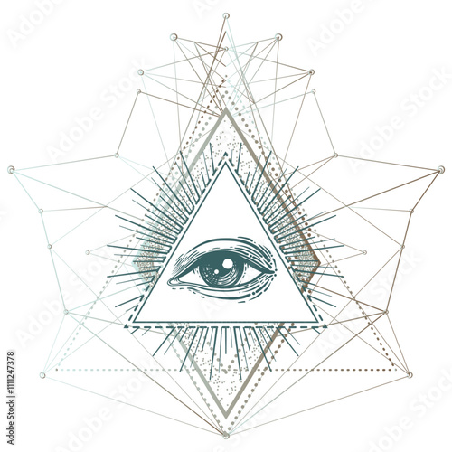 Sacred geometry symbol with all seeing eye over in acid colors. Mystic, alche...