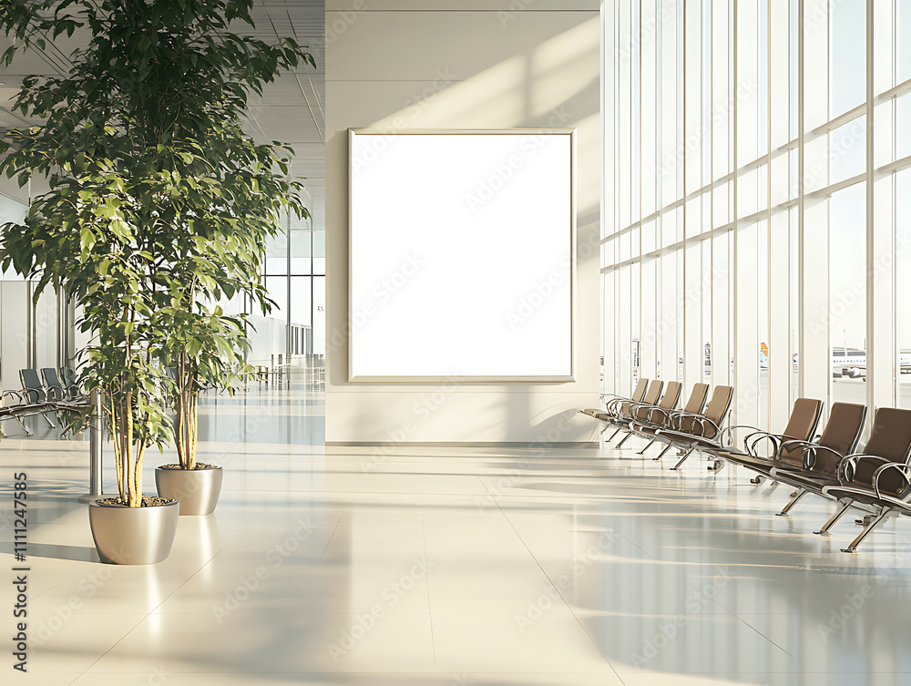 Contemporary airport interior with a blank banner mockup amidst comfortable seating arrangements Contemporary airport interior with a blank banner mockup amidst comfortable seating arrangements
