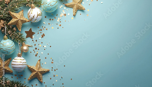 Christmas holiday composition. Christmas tree fir branches, colorful balls on border on blue background with copy space for your text. Banner mockup, postcard. Flat lay, top view, overhead.