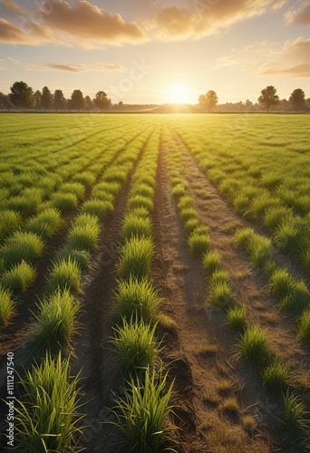 Golden sunlight over a freshly mowed hybrid grass field, evening, relaxation, landscape