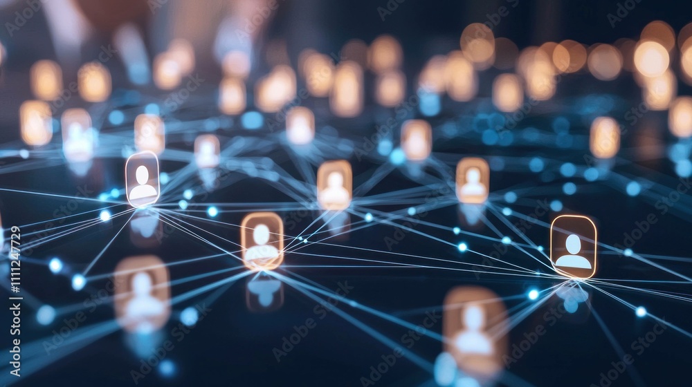 Abstract digital network of connected people icons with glowing lines representing online communication and social interaction in a modern environment. Abstract digital network of connected people icons with glowing lines representing online communication and social interaction in a modern environment.