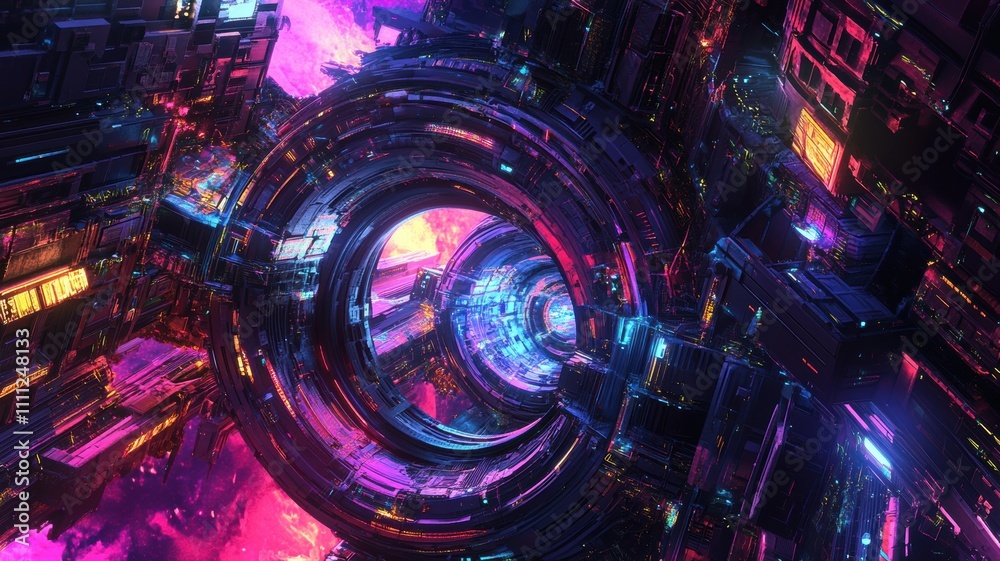 A mesmerizing sci-fi portal surrounded by intricate machinery, glowing with vibrant neon colors, set against a cosmic background. A mesmerizing sci-fi portal surrounded by intricate machinery, glowing with vibrant neon colors, set against a cosmic background.