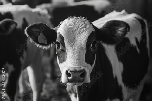 Monochrome portrait of a curious young calf in a barn. photo