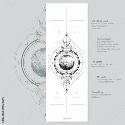 Alignment Yoga Mat design template. Vector illustration. Ready to print modern style. Perfect support in any asana, for the most demanding yogis with beautiful sybol in the center point inspired by
