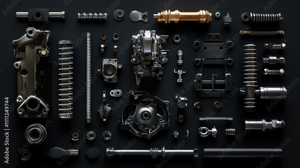 Fototapeta premium car parts on black background. car spare parts. Suspension and engine parts. black background