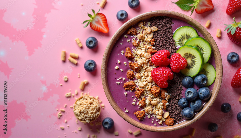 Purple Smoothie Bowl with Fresh Fruit and Granola on Pink Surface Purple Smoothie Bowl with Fresh Fruit and Granola on Pink Surface