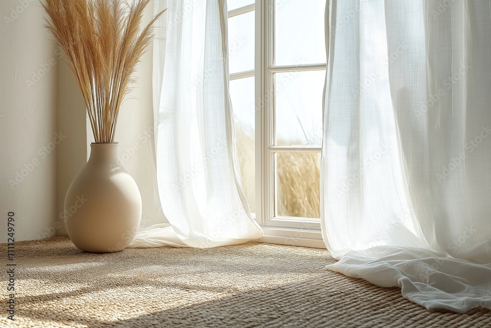 Natural light floods room with flowing white linen curtains. Sunlight casts patterns on woven seagrass rug. Stylish beige vase holds dried pampas grass. Boho decor style. Calm, relaxing interior. Natural light floods room with flowing white linen curtains. Sunlight casts patterns on woven seagrass rug. Stylish beige vase holds dried pampas grass. Boho decor style. Calm, relaxing interior.