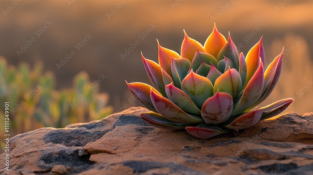 Vibrant Succulent Plant Residing on a Rock with Sunlight Highlighting Its Unique Colors Against a Soft Natural Background Vibrant Succulent Plant Residing on a Rock with Sunlight Highlighting Its Unique Colors Against a Soft Natural Background
