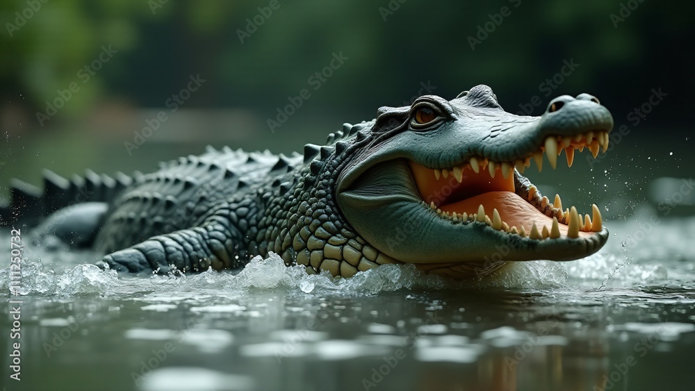 Obraz premium A crocodile lunging to capture its prey, showcasing its power and predatory nature in the water.