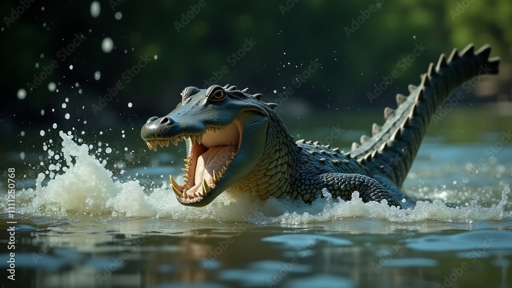 Obraz premium A crocodile lunging to capture its prey, showcasing its power and predatory nature in the water.