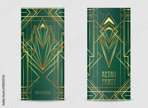 Art Deco vintage gold patterns over dark green, frames and design elements. R...