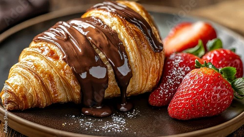 A delicious croissant drizzled with chocolate, served with fresh strawberries on a plate.