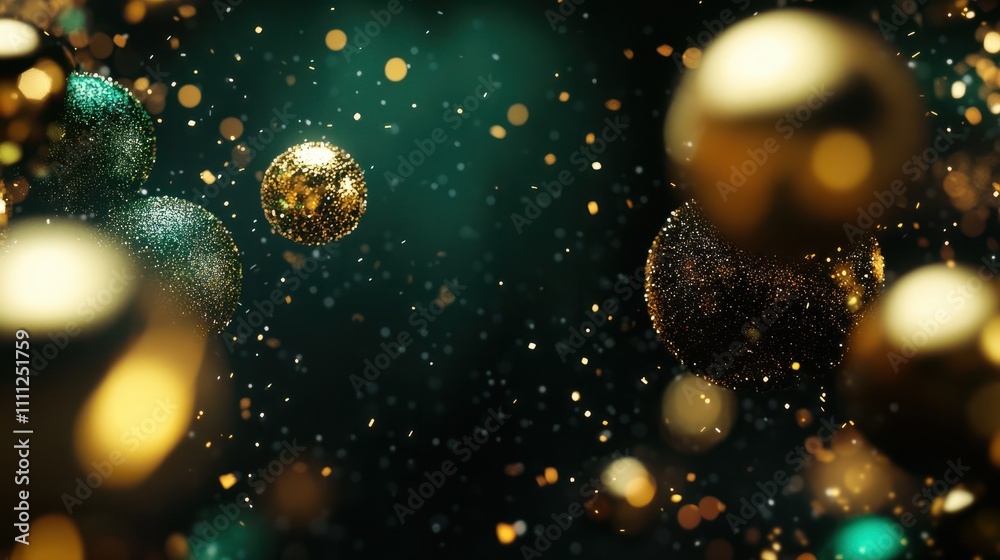 Beautiful dark Christmas background with green and golden, shining decoration and empty space. Copy space for your text. Merry Xmas, Happy New Year. Festive backdrop.