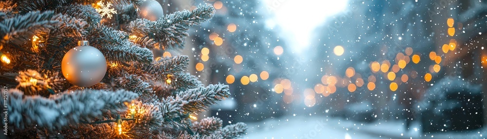A Magical Christmas Season with Snowflakes Falling Around a Beautifully Decorated Tree in a Festive Urban Environment A Magical Christmas Season with Snowflakes Falling Around a Beautifully Decorated Tree in a Festive Urban Environment