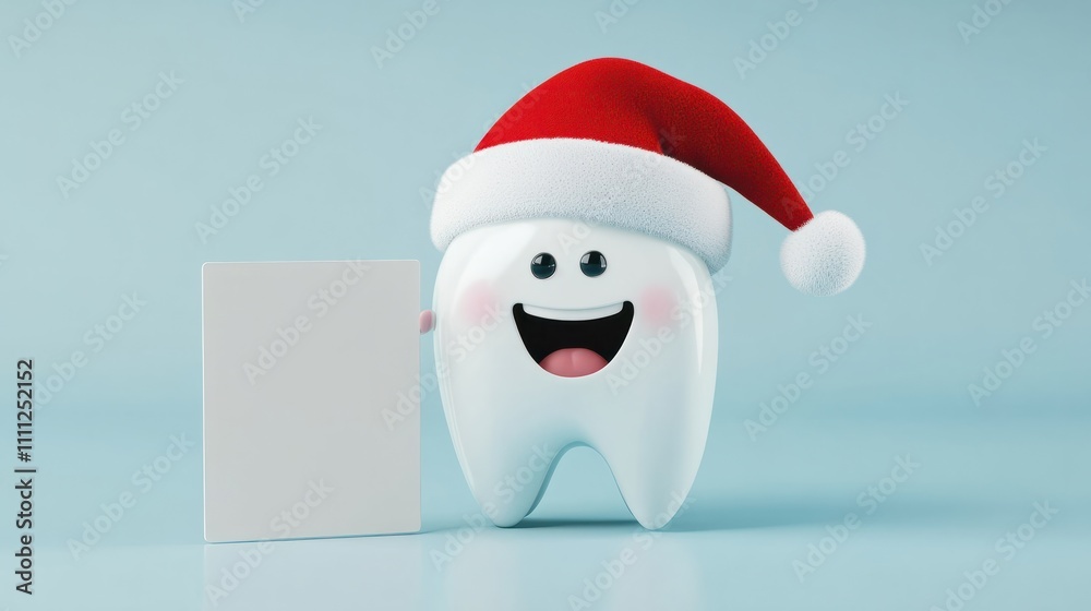 Cartoon tooth in a Santa hat holding an empty sign on a vertical light blue background. Mockup, perfect for adding text or graphics (copy space). Cartoon tooth in a Santa hat holding an empty sign on a vertical light blue background. Mockup, perfect for adding text or graphics (copy space).