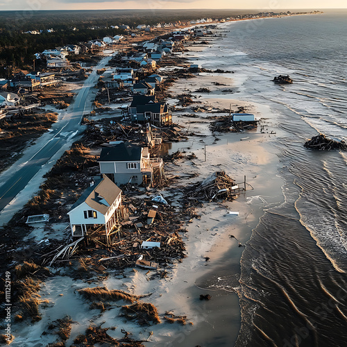 A coastal community rebuilding after being devastated by a storm surge or hurricane, depicting the resilience efforts needed to adapt to climate change impacts, climate change photo