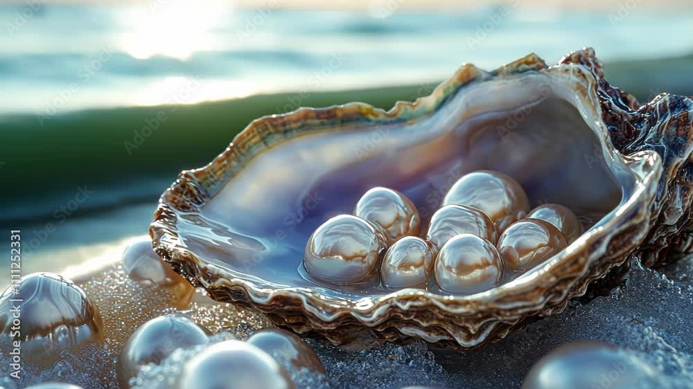 A close-up of an open oyster showcasing lustrous pearls against a shimmering water background.