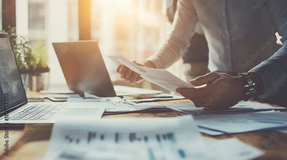 Businesspeople reviewing documents at office desk. Businesspeople reviewing documents at office desk.