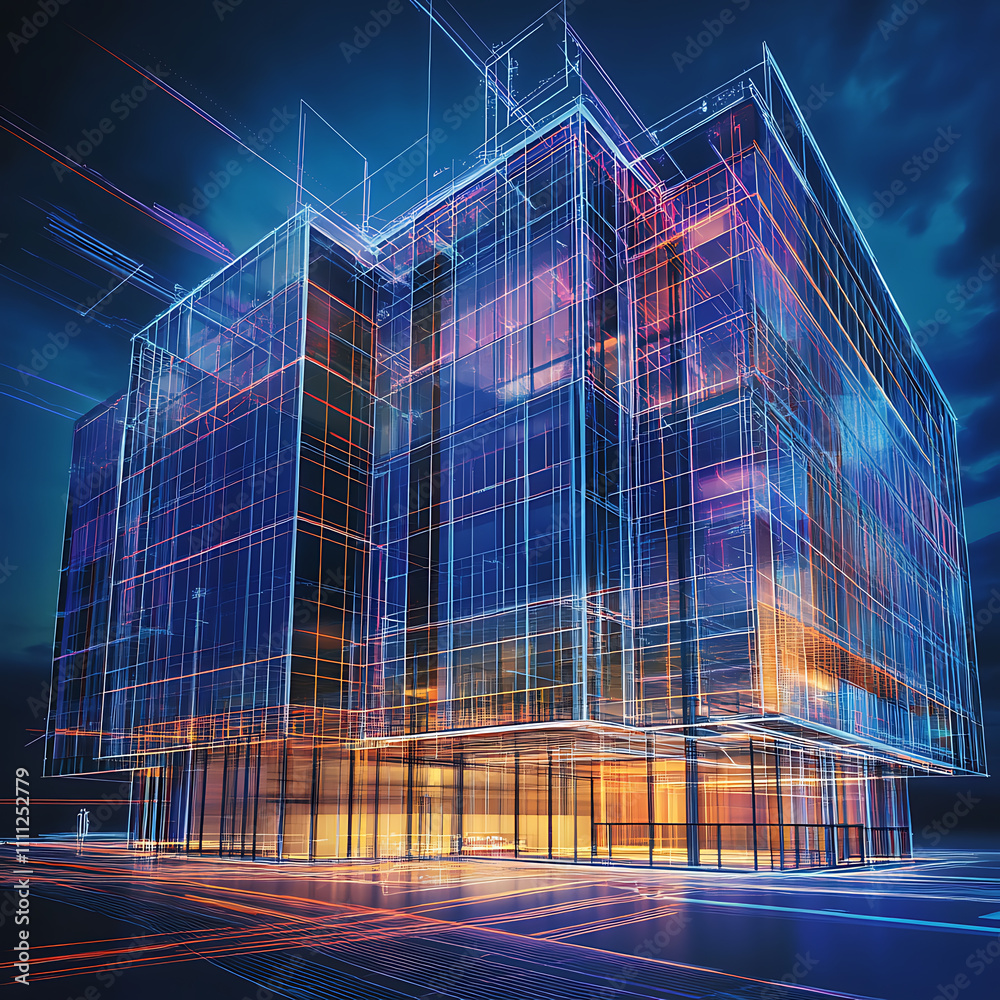 Exterior of a high-rise office building, modern architecture with an abstract background Exterior of a high-rise office building, modern architecture with an abstract background