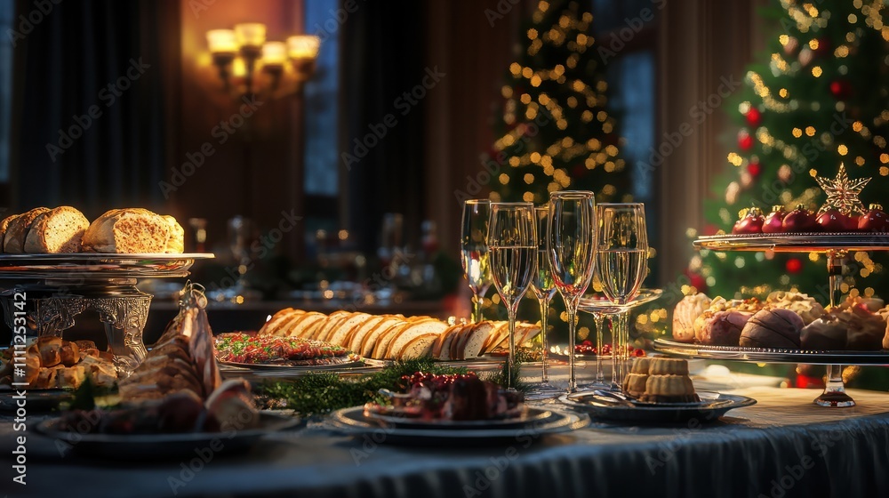 Christmas buffet, table and wine glasses,catering Christmas buffet, table and wine glasses,catering