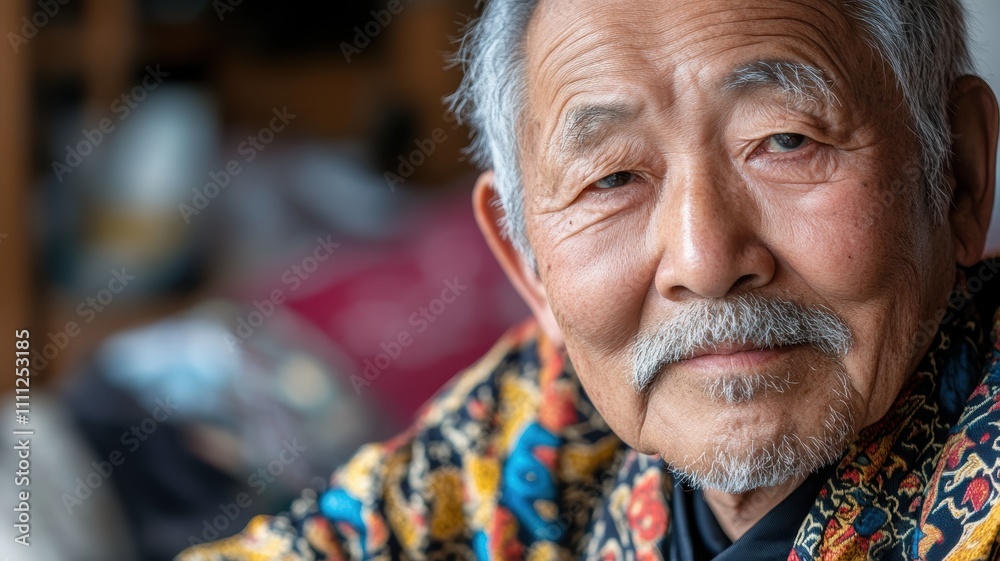 Close-up portrait of an elderly man with a mustache, reflecting wisdom and experience, wearing patterned clothing against a colorful background. Close-up portrait of an elderly man with a mustache, reflecting wisdom and experience, wearing patterned clothing against a colorful background.