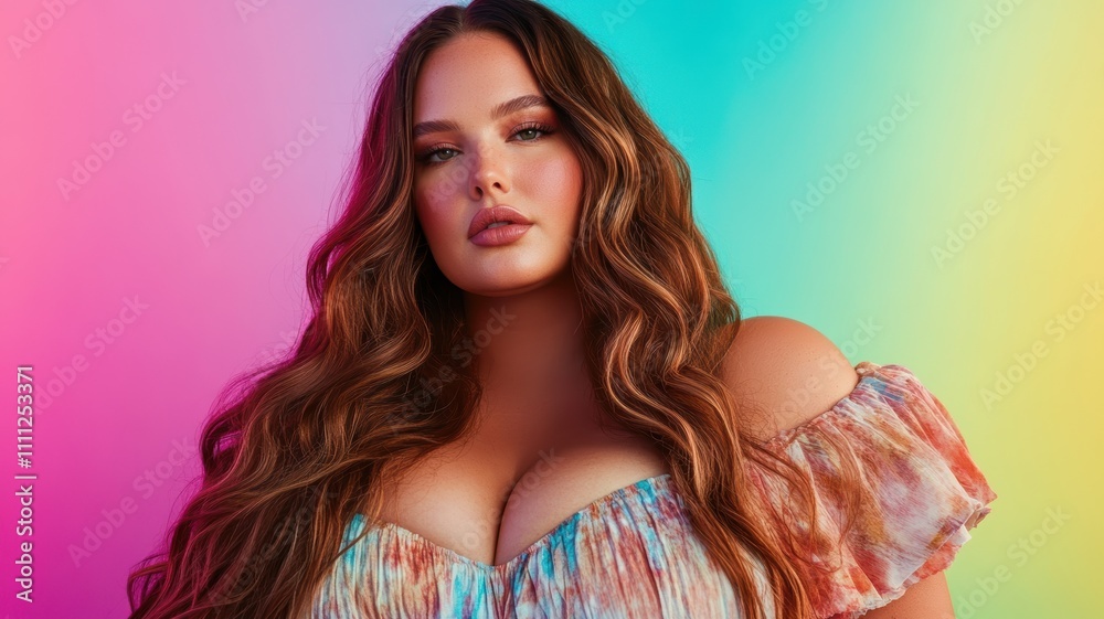Serene Portrait of a Beautiful Plus-Size Caucasian Model in Modern Dress with Smooth Colorful Background Serene Portrait of a Beautiful Plus-Size Caucasian Model in Modern Dress with Smooth Colorful Background
