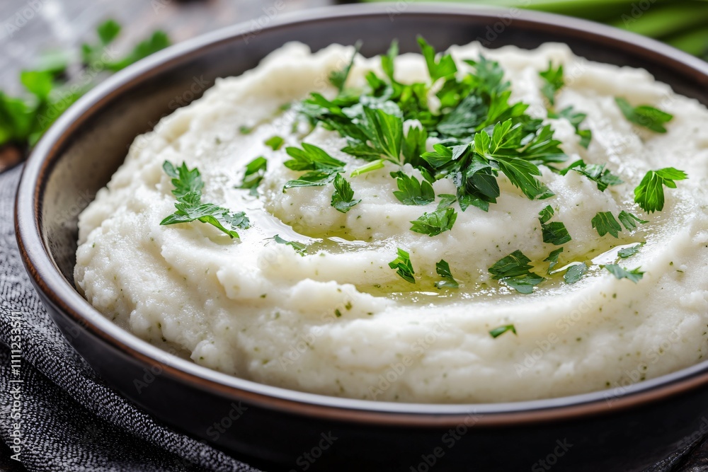 Creamy mashed potatoes garnished with fresh parsley and olive oil. Creamy mashed potatoes garnished with fresh parsley and olive oil.