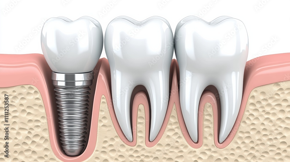 Rendering showcases a dental implant placed next to a healthy tooth, emphasizing their structures and functionality in dental care. Generative AI Rendering showcases a dental implant placed next to a healthy tooth, emphasizing their structures and functionality in dental care. Generative AI