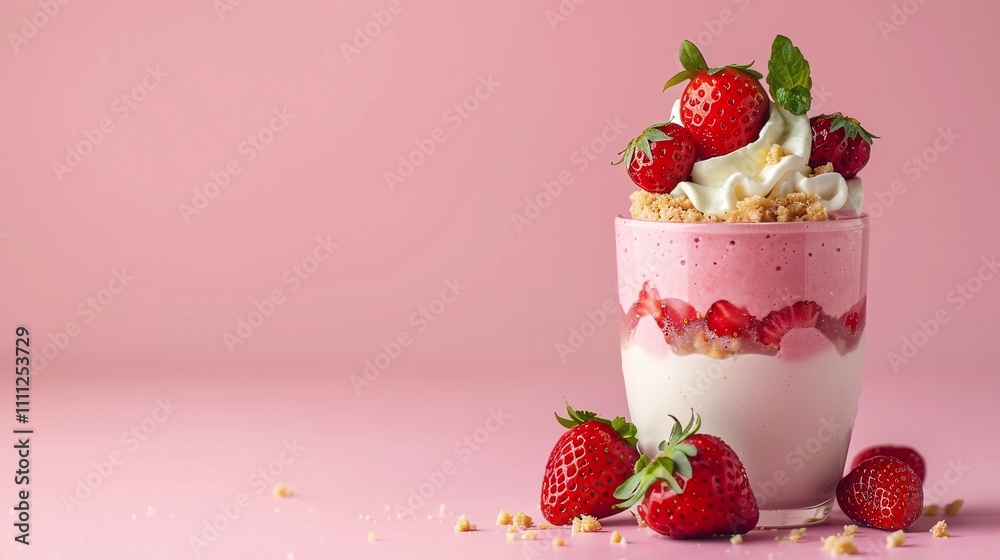 Layered strawberry parfait in a glass, topped with whipped cream and fresh strawberries, pastel pink background, creamy dessert concept, vibrant fruity layers, copy space for text
Layered strawberry parfait in a glass, topped with whipped cream and fresh strawberries, pastel pink background, creamy dessert concept, vibrant fruity layers, copy space for text