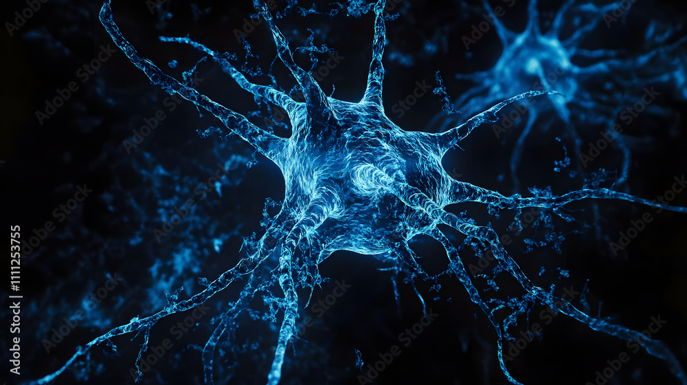 A visually striking abstract image resembling a neuron structure exploding in blue hues against a deep black background A visually striking abstract image resembling a neuron structure exploding in blue hues against a deep black background