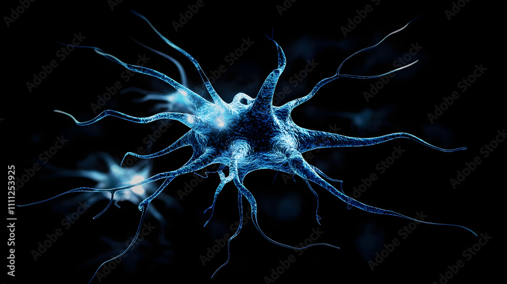 A visually striking abstract image resembling a neuron structure exploding in blue hues against a deep black background