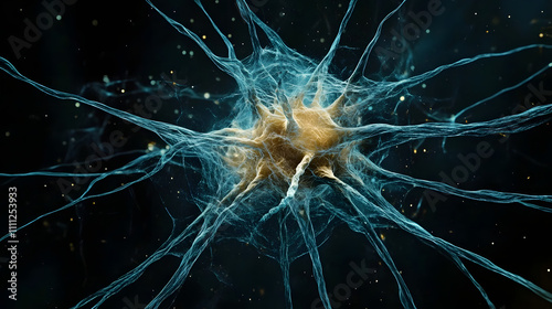 A visually striking abstract image resembling a neuron structure exploding in blue hues against a deep black background