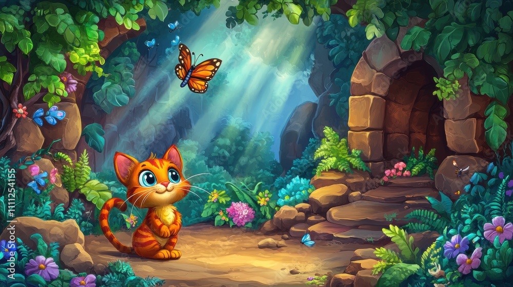 Enchanted Forest Scene with a Curious Cat and Colorful Butterfly Amidst Vibrant Flora and Lush Greenery in a Magical Setting Enchanted Forest Scene with a Curious Cat and Colorful Butterfly Amidst Vibrant Flora and Lush Greenery in a Magical Setting