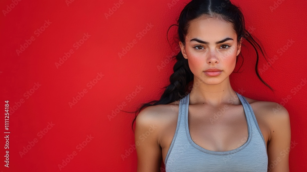 Portrait of a fit woman with braided hair wearing a gray tank top, standing against a vibrant red background, looking determined.